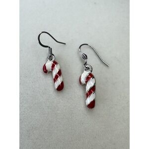 Sterling Silver Rhinestone Christmas Candy Cane Dangle Earrings Red White NWOT